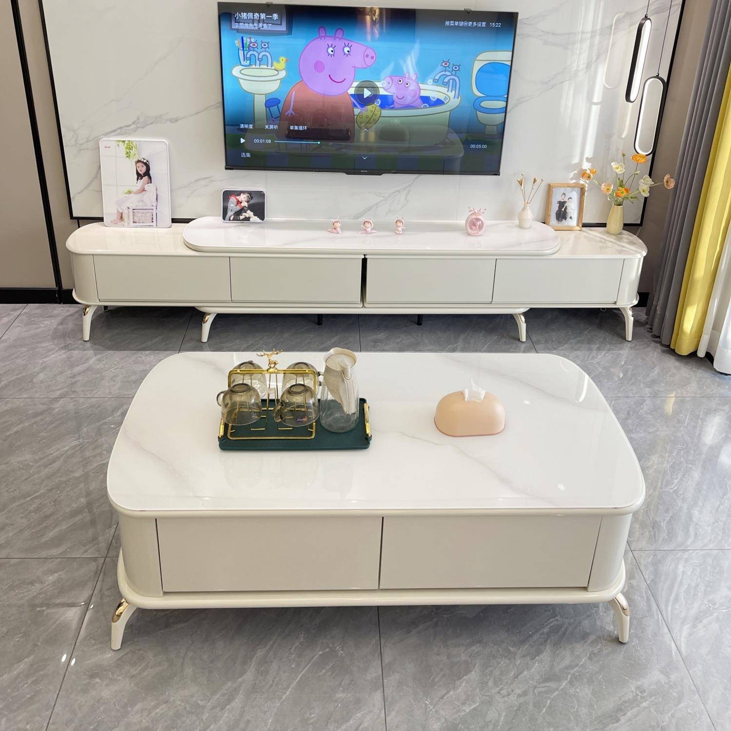 20油24新款奶风玉晶玻茶几现电视柜组合代简60客厅约家具套装伸梦