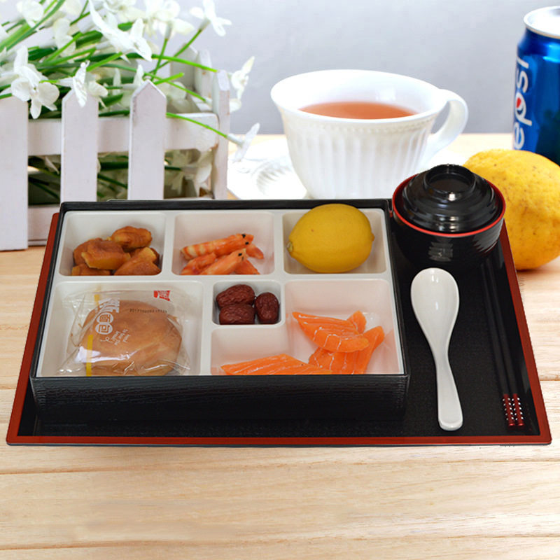 日式餐盒分餐盘便当盒六格带盖木纹托盘一体化商务套餐饭盒多分格