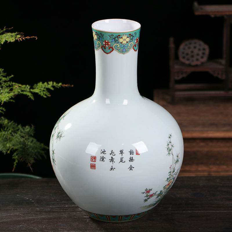 仿古中式粉彩孔雀天球花瓶 景德镇陶瓷家居客厅瓷器摆件工艺品
