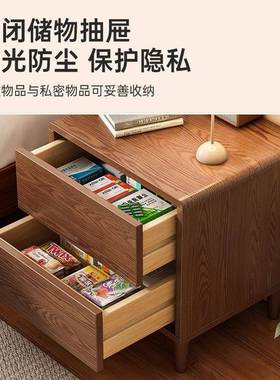 物木床头柜中式简约现代卧室储纳柜橡胶实木家用小型收柜床DLG边