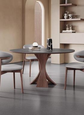 沃顿顿岩板中古风圆形木餐桌2实25新款家用小户型沃岩板CZ-053000黑色法式