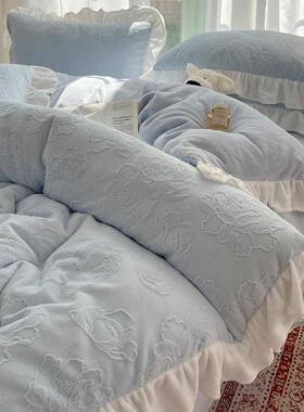 韩式边雕绒花边蝴蝶结紫珊瑚冬绒四件套1.5m1.花liuxiang8秋花保