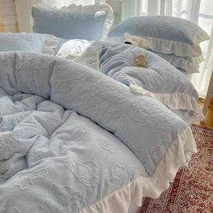 韩式 边雕绒花边蝴蝶结紫珊瑚冬绒四件套1.5m1.花liuxiang8秋花保