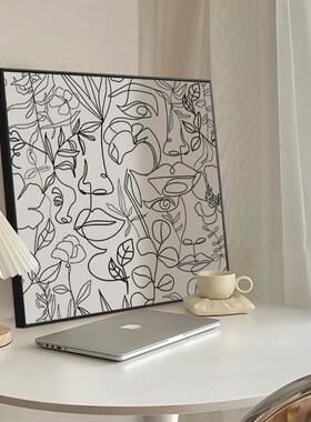 轮关廓现代黑线白抽象QB202312人物饰装画简约植物花卉挂画餐厅玄