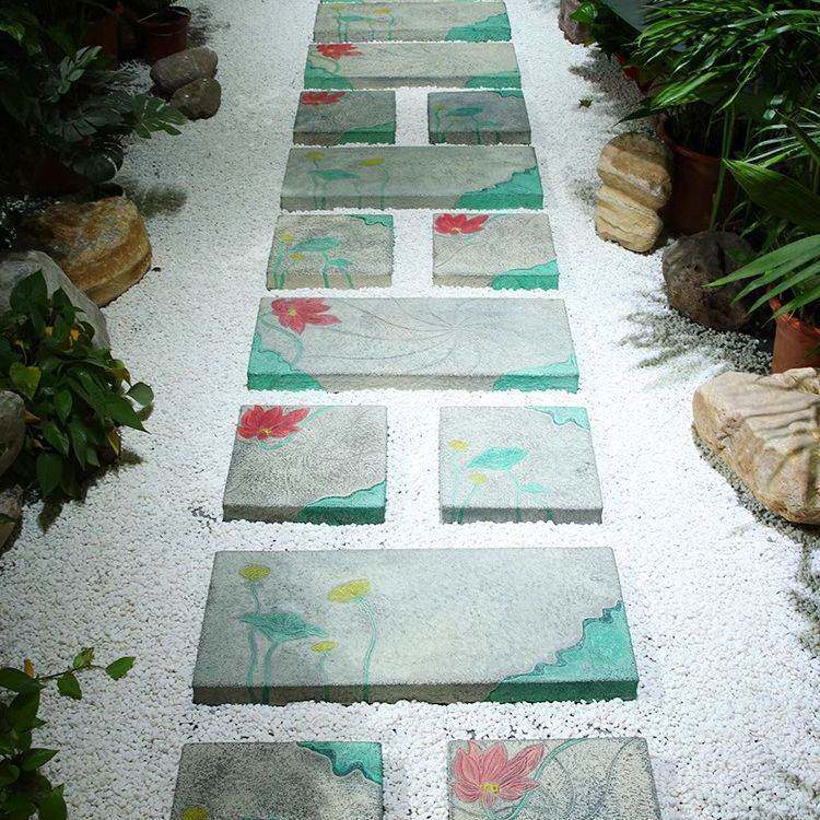 庭院造景布置莲花汀步石户外别墅小院子地砖铺路石草坪花园踏步石