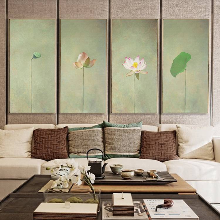 圣仕新中式莲花荷叶荷花装饰壁画客厅花卉玄关客厅沙发墙背景挂画图片
