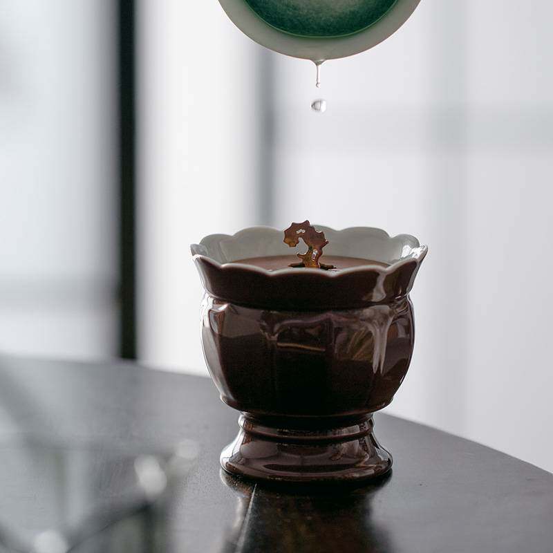 束刻 陶瓷建水中号家用花口茶渣桶茶道配件水盂茶水桶带铜盖干泡