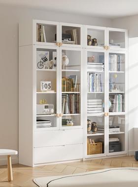 W7实木童柜带玻书璃LLO门客厅储柜子物美式儿书架家用组合柜书