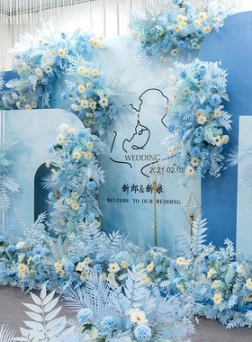 新款婚庆蓝色花艺角花排花路引花婚礼舞台t台迎宾区装.饰布置点花