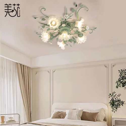 佳苑蓝色田园风格吸顶灯玫瑰花铁艺复古房间卧室灯温馨浪漫花草灯