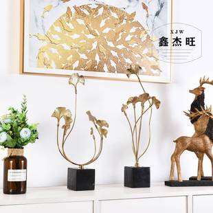 新中式 饰品客厅现代锌合金银杏叶家居工艺品 摆件样板间创意软装