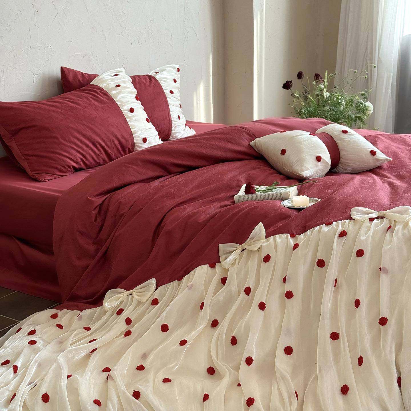 法式婚庆风长绒棉提花四件套红色波点立体蝴蝶结被套少女心床品