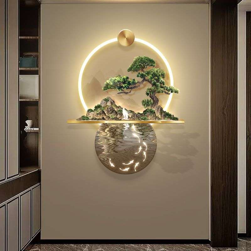 立体浮雕玄关装饰画流水生财新中式山水九鱼图挂画走廊过道壁灯画图片