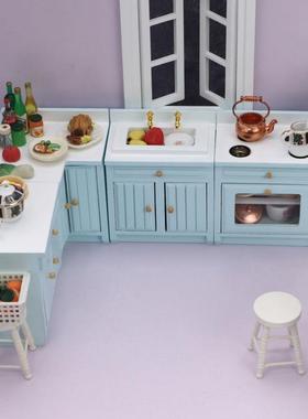 1：12娃娃屋厨房摆件模型DOLLHOUSE仿真转角橱柜蓝色灶台OB11可用