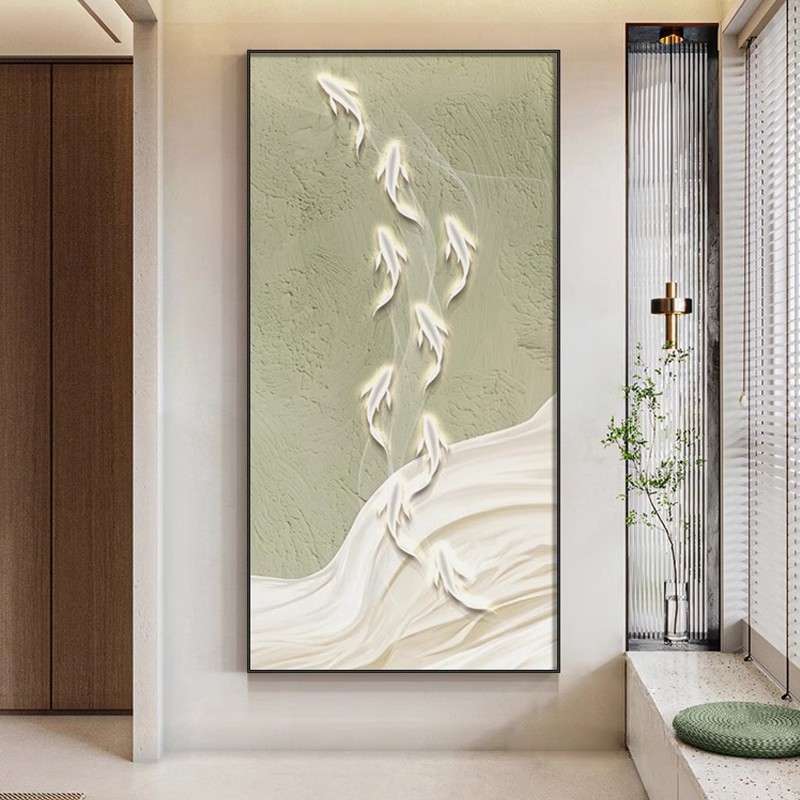 九鱼图入户玄关装饰画现代简约走廊过道竖版挂画现代轻奢楼梯壁画图片