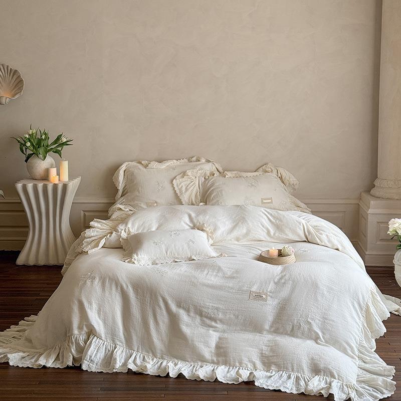 法式公主风全棉超柔皱雾纱刺绣蕾丝花边床上用品亲肤裸睡四件套