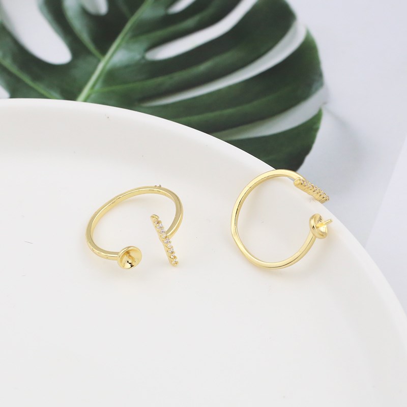 18K包金镶锆石一字戒指托diy活口可调节托盘粘S珍珠戒托饰品配配