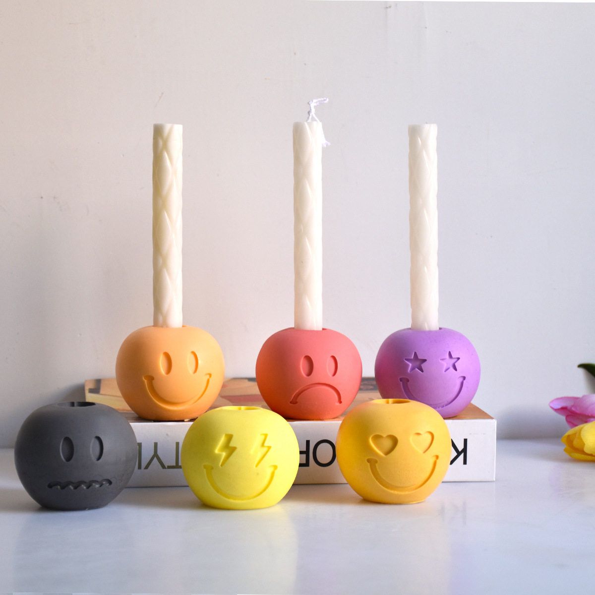 圆形 四月新款六个苹果表情蜡烛烛台硅胶模具DIY手工石膏摆件模具