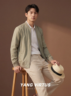 YANG VIRTUS 意式老钱绅士高档亚麻莱赛尔罗纹拼色棒球领夹克外套