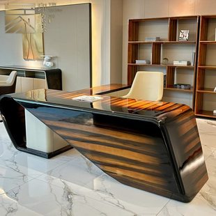 意大利宾利书桌轻奢现代老板办公桌转角大班台书房实木书桌柜一体