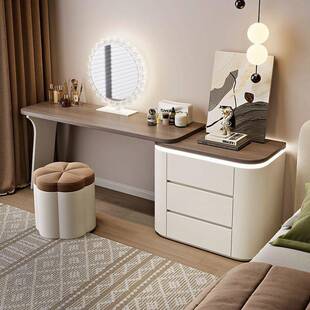 原木现代简约轻奢梳妆台卧室奶油风加厚实木化妆桌斗柜一体化妆台