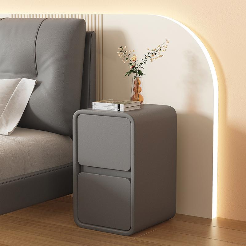 奶油风床头柜简约现代实木皮质床边柜小型超窄20cm极简迷你收纳柜