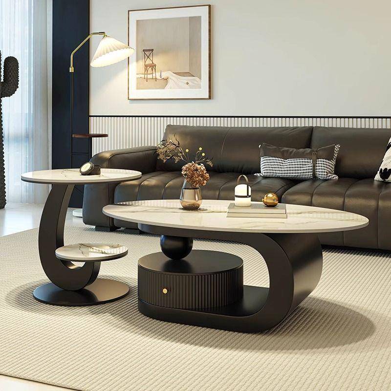 新款意式椭圆形岩板茶几现代简约客厅家用轻奢高级小户型网红组合