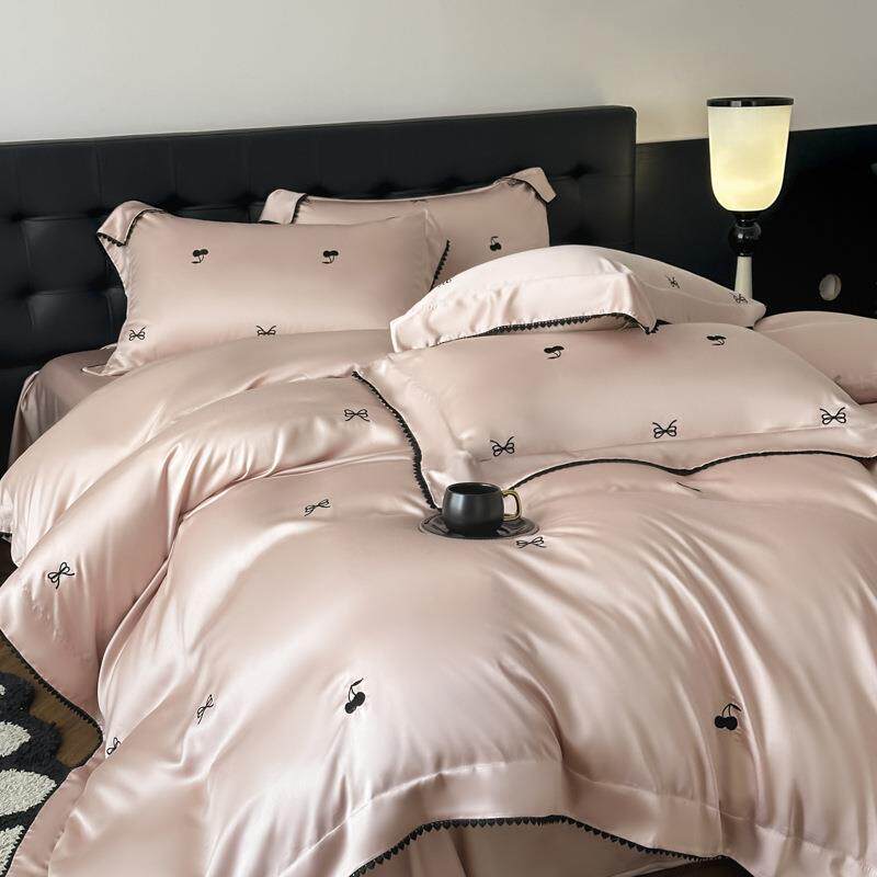 夏季60S双面水洗真丝四件套凉感丝滑被套蝴蝶结刺绣冰丝床单床品4