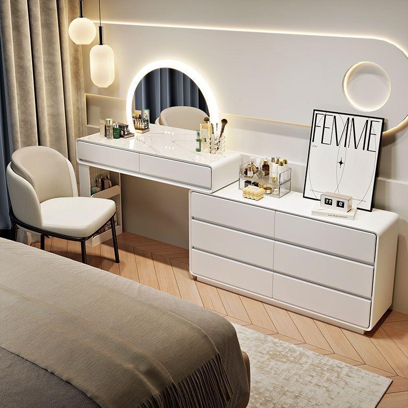 奶油风超窄30cm岩板实木主卧梳妆台床头化妆桌推拉斗柜一体化妆桌