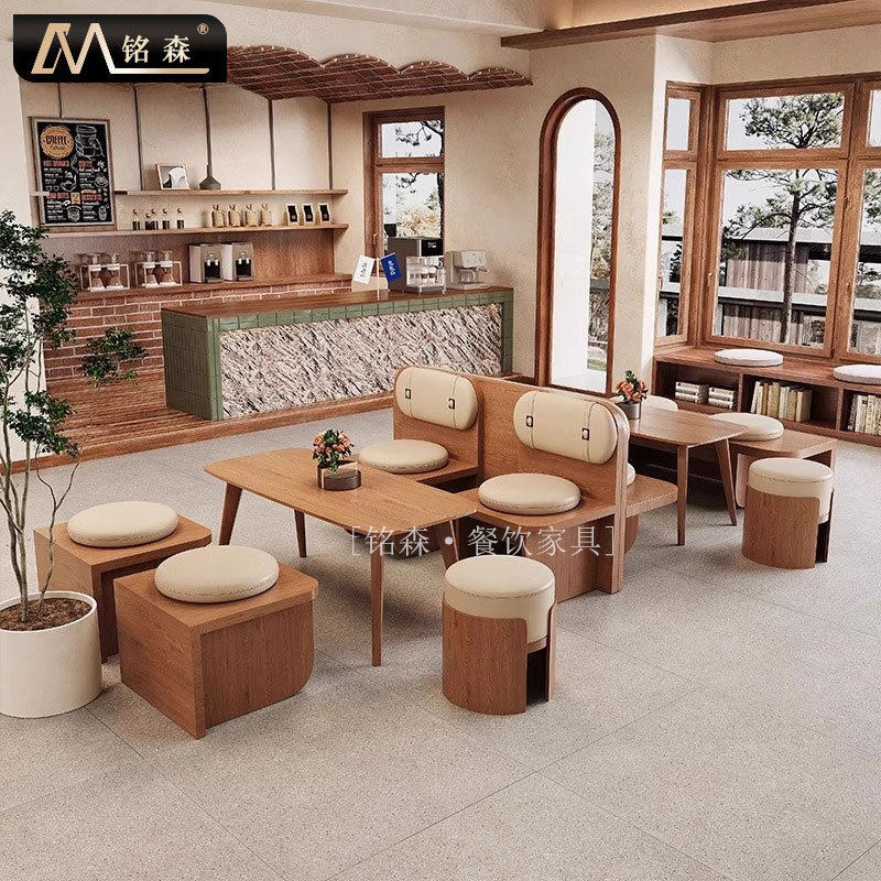 卡座沙发奶茶店桌椅组合咖啡厅餐桌商用酒吧餐饮茶楼靠墙实木座椅