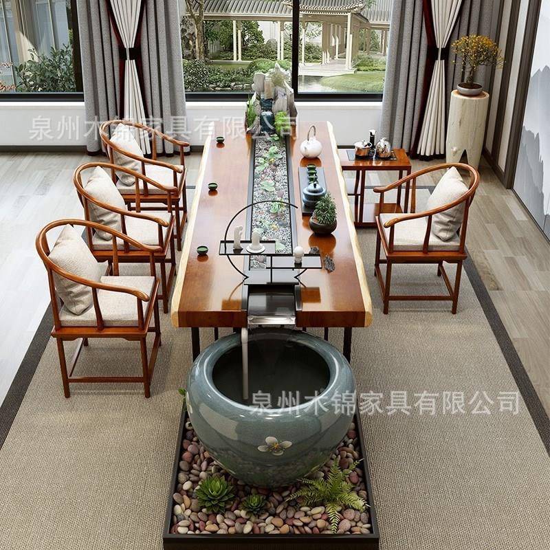 流水茶台创意养鱼生态景观实木茶桌全套原木大板功夫泡茶桌