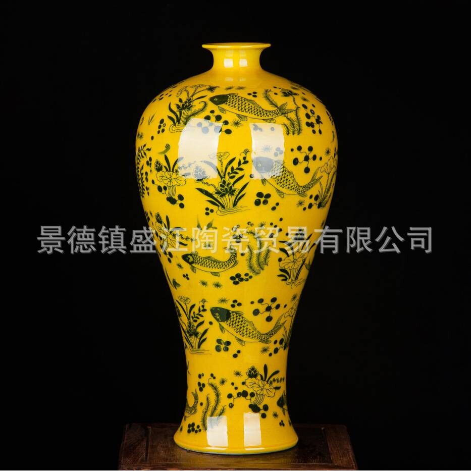 景德镇陶瓷插花瓶黄绿釉花瓶摆件翡翠绿瓶子家居桌面玄关装饰摆件