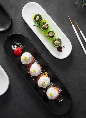 日式长条寿司盘面包盘点心托盘简约黑白色酒店餐厅饭店冷凉菜餐具