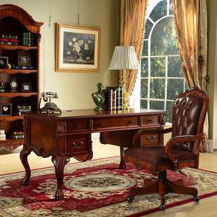 美式实木书桌家用书房家具电脑办公书架组合欧式仿古写字台椅子