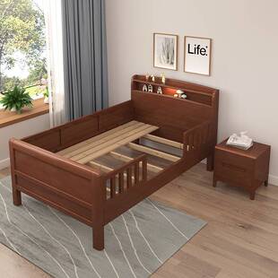 全实木儿童加宽拼接床老人床单人床1米1.2米1.35带护栏老式高脚床