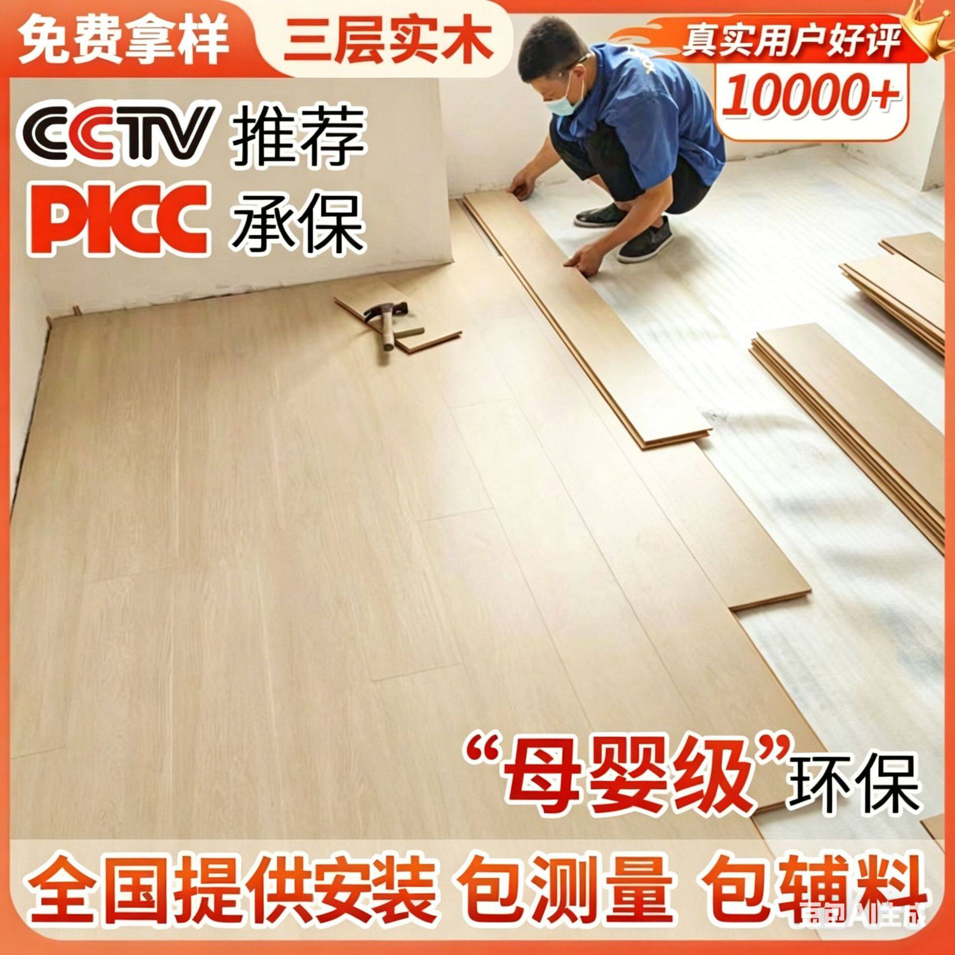 新三层实木复合地板家用地暖环保奶油风家装整芯木地板提供安装