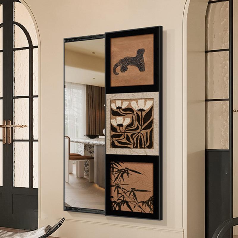 中古风隐藏壁挂式玄关全身镜装饰画入户隐形推拉复古穿衣镜子挂画