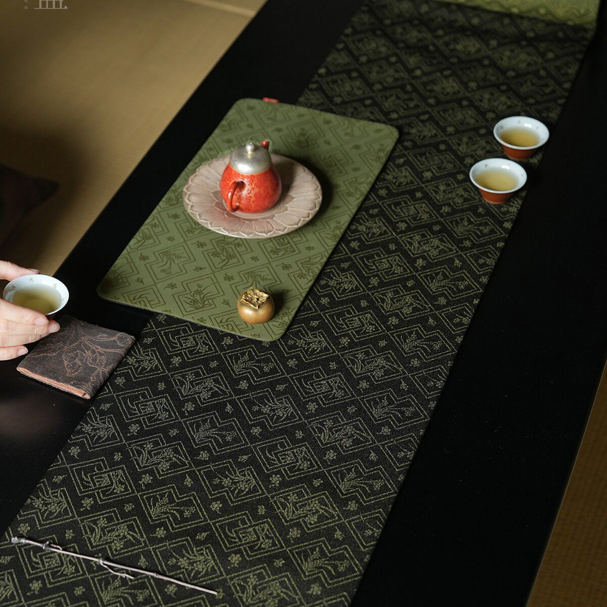 慢蓝|香云纱茶席中式长条茶桌垫子双面轻奢国风茶艺垫布300*38CM