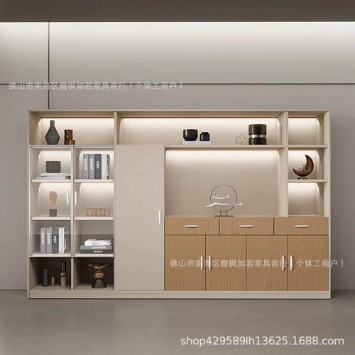 书柜文件柜简约现代老板办公室办公桌背景柜感应式灯光资料柜木质