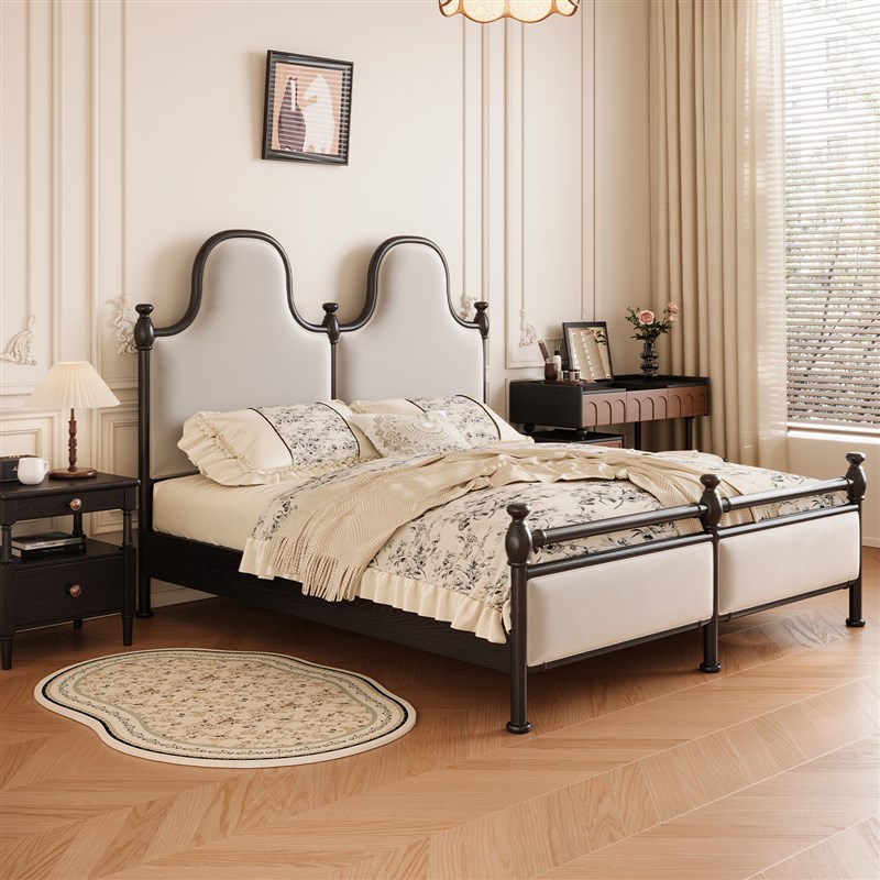 法式复古白e蜡木实木床白色软包床1米8双人大床中古风主卧老巴黎