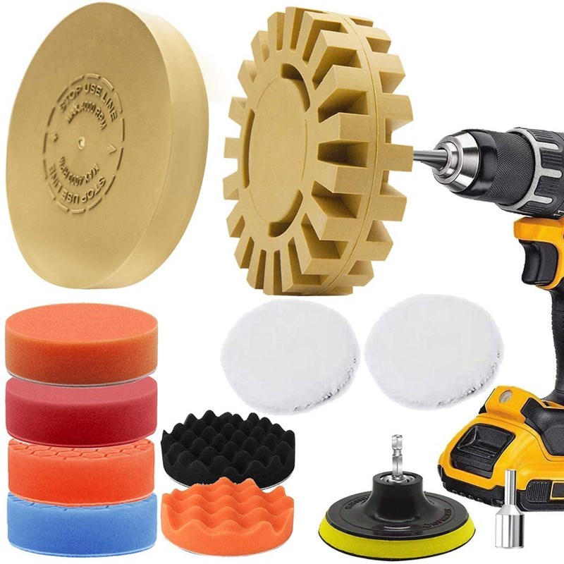 13件套4英寸汽车贴花胶去除工具橡皮擦轮贴纸去除器X带海绵抛光垫
