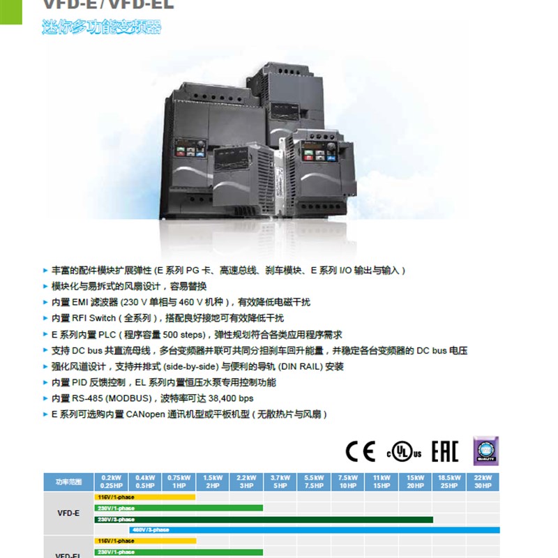 台达变频器VFD004/007/015/022/037EL43A/EL21W/040EL/43W/21A