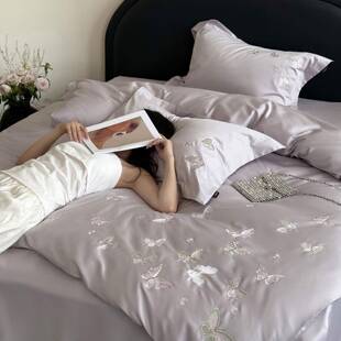 100S高支四件套刺绣花少女生三件套女孩家用纯棉床单床笠