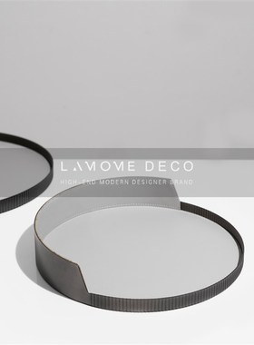 简约现代桌面收纳盘半包边刻线金属托盘展示盘卧室U样板房装饰摆