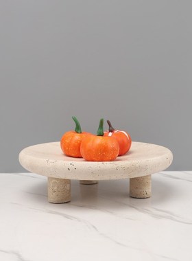 欧式轻奢洞石三脚圆形果盘托盘摆件D餐厅客厅酒店样板房家居装饰