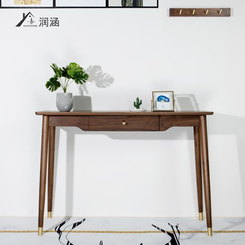 北欧黑胡桃实木玄关桌轻奢铜脚玄B关台条几餐边桌现代简约小条案
