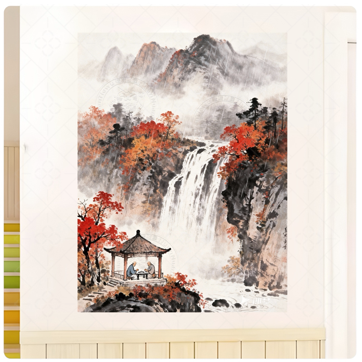 国风水墨中式山水亭台楼阁墙贴客厅卧室装饰贴纸古典风景自粘贴画