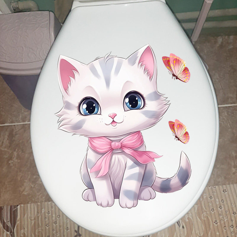 呆萌粉猫浴室装饰墙贴家用浴室卫生间马桶贴纸防水P191