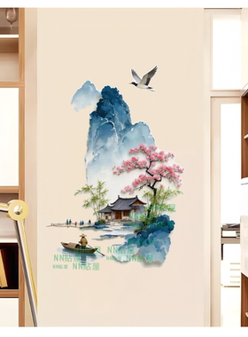 新中式山水樱花仙鹤自粘墙贴