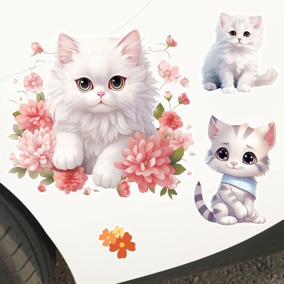 花丛白猫卡通汽车划痕遮挡贴纸